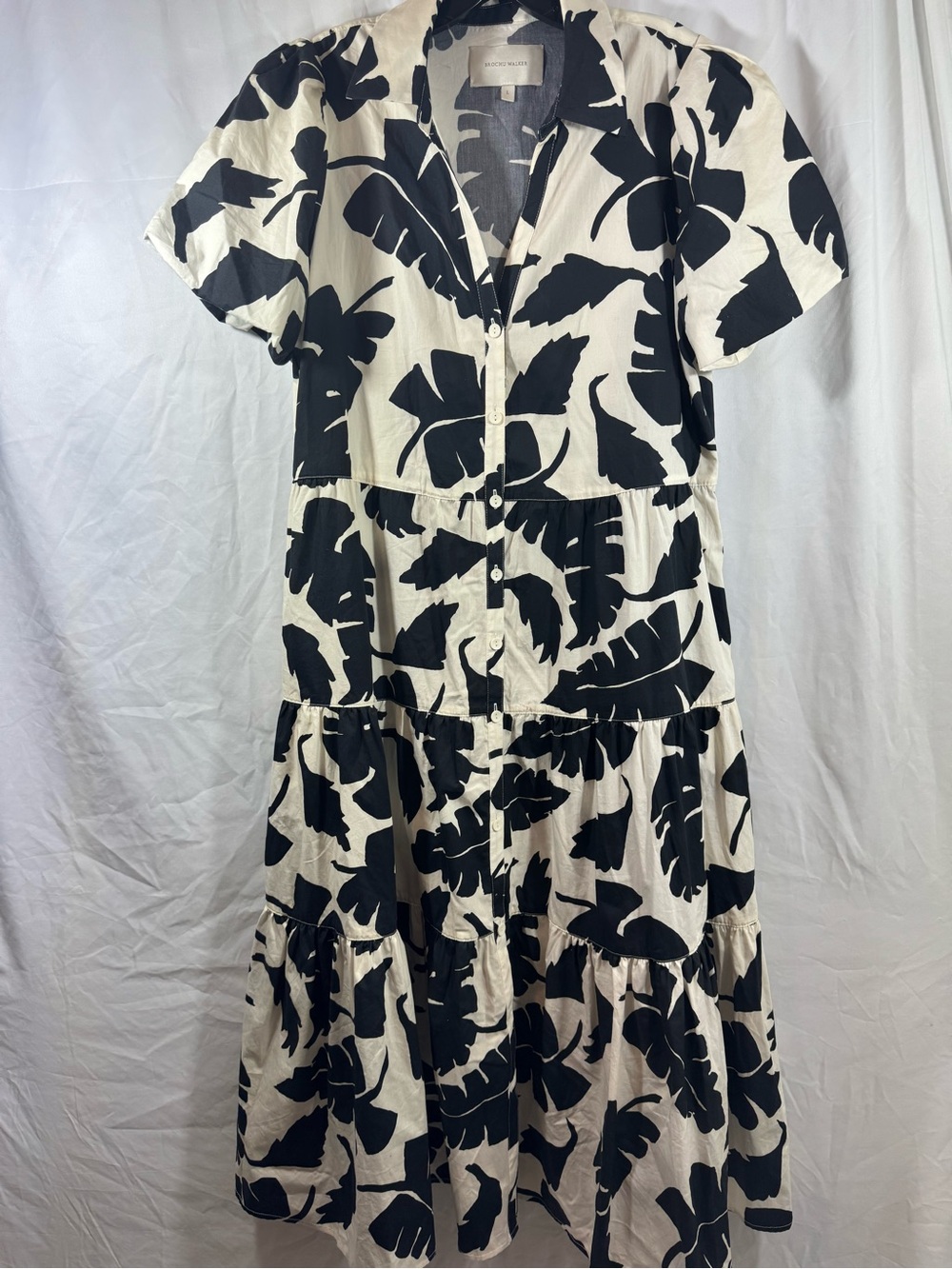 Brochu Walker Black and White Leaf-Print Tiered Maxi Dress L - Picture 2 of 9